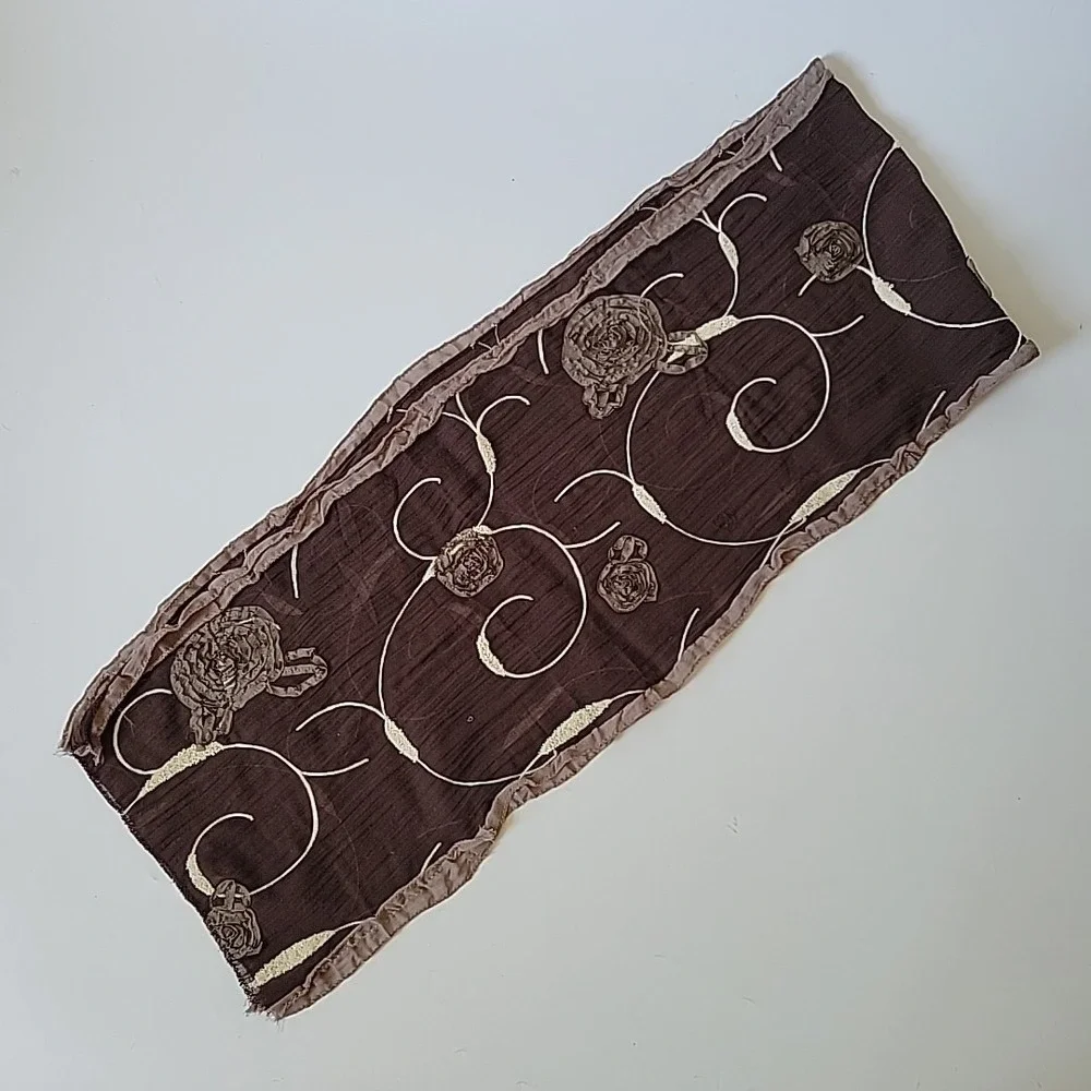 Embroidered Applique Flowers Rectangle Scarf Brown Artsy Bohemian Wearable Art